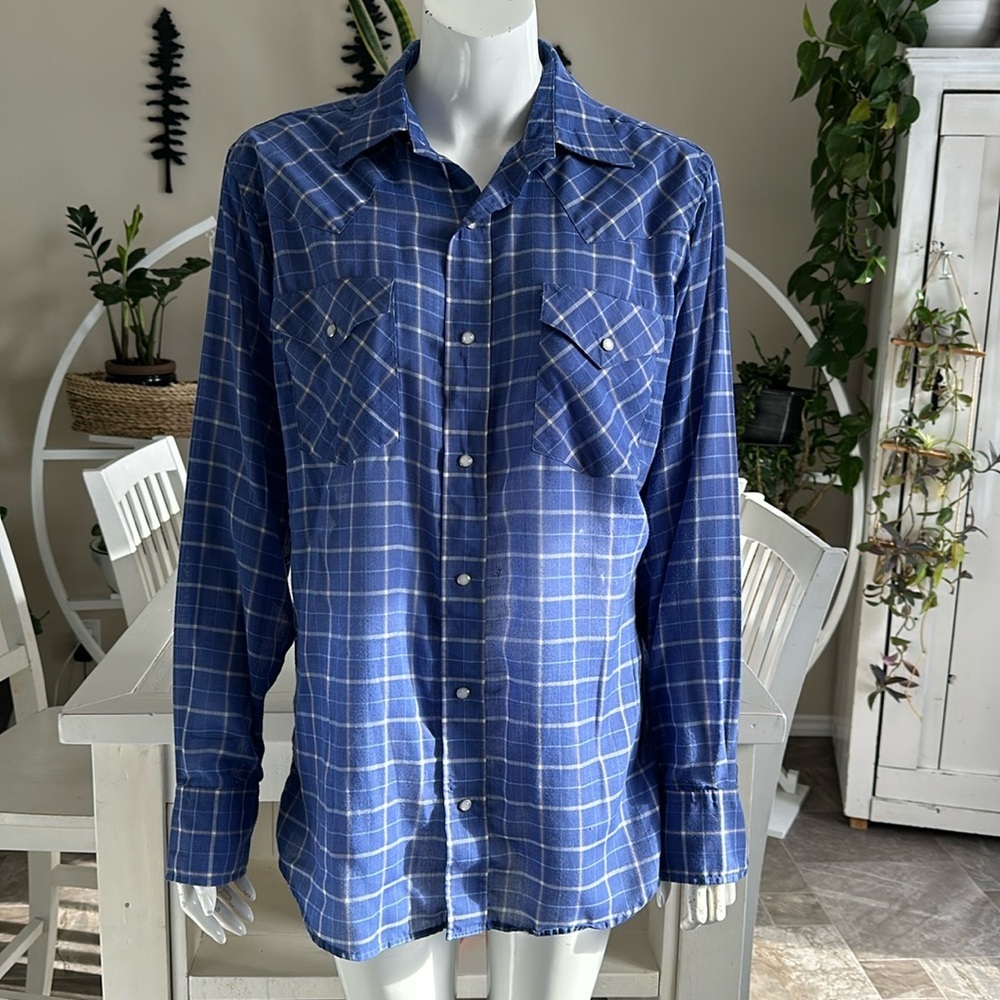 Vintage Retro MWG men’s western shirt pearl snap up button down plaid blue M 🕰️